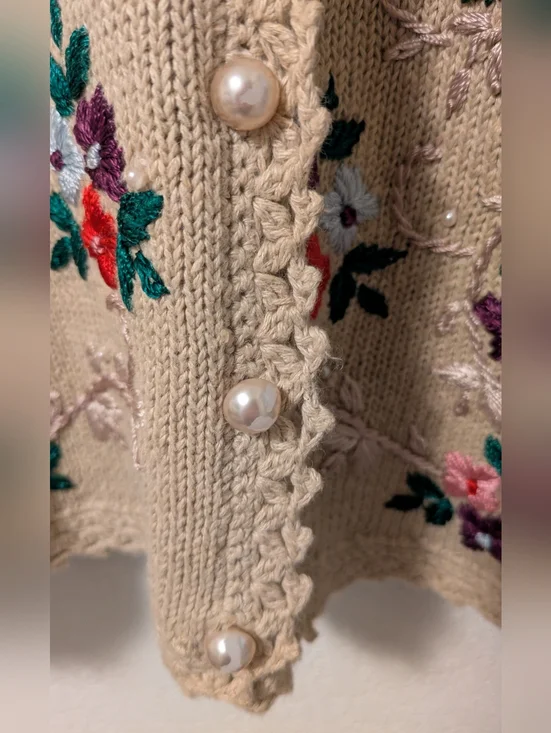 Jenny Vintage Cream Floral Embroidered V-Neck Cardigan Sweater - Picture 9 of 10